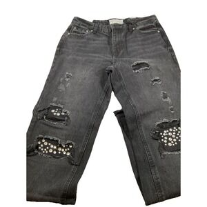 NWT Ban.Jara Jeans Womens 7/27 Black Denim Embellished Distressed Raw Hem I31